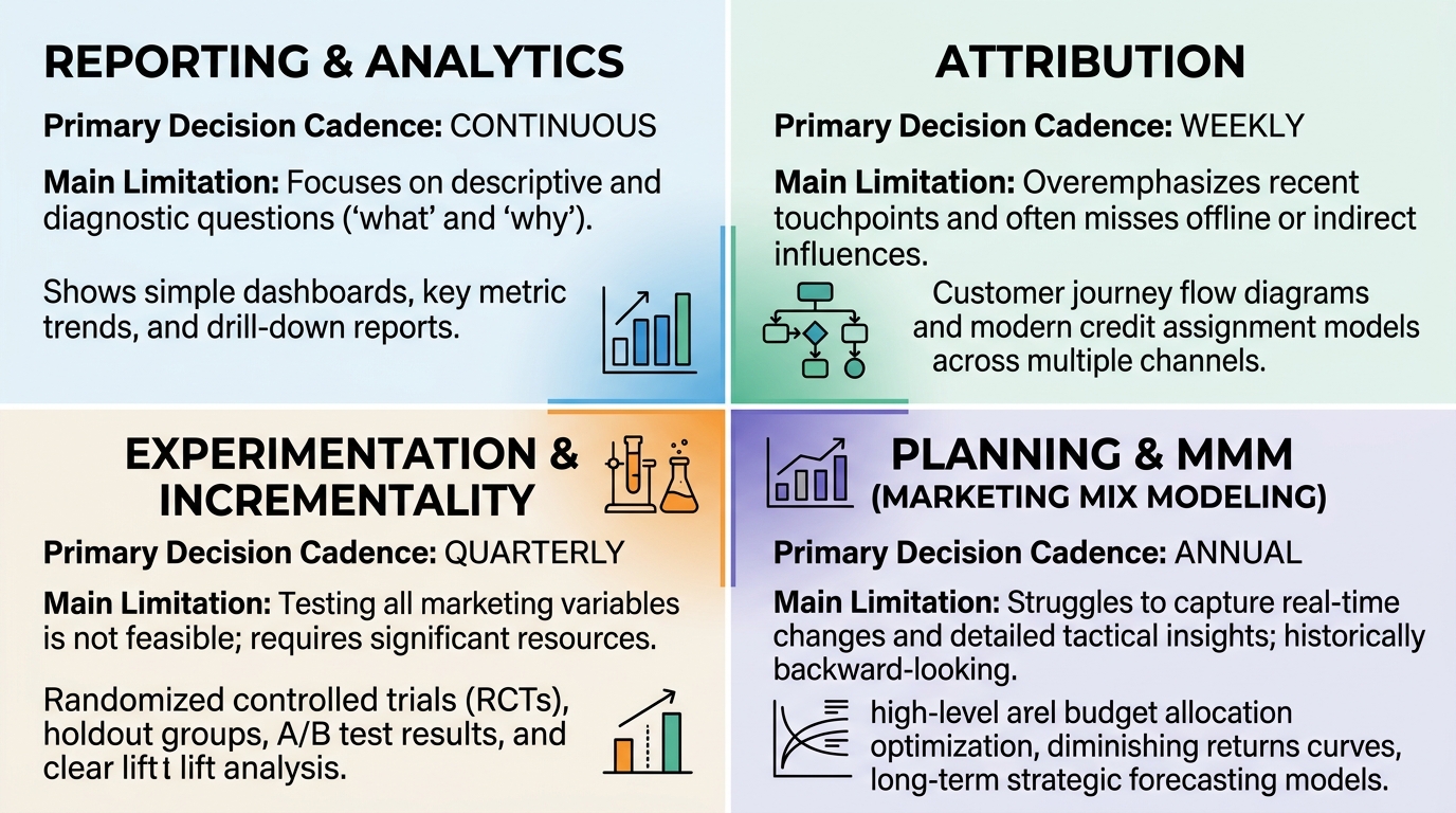 A four-quadrant diagram showing reporting and analytics, attribution, experimentation and incrementality, and planning and MMM, each labeled with its primary decision cadence—continuous, weekly, quarterly, and annual—and its main limitation