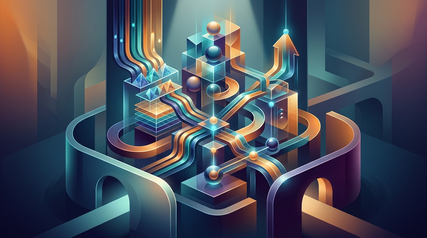 A text-free conceptual business visual about Evaluation framework in the context of marketing measurement platforms, using abstract shapes and objects with no title, labels, words, numbers, logos, or fabricated data