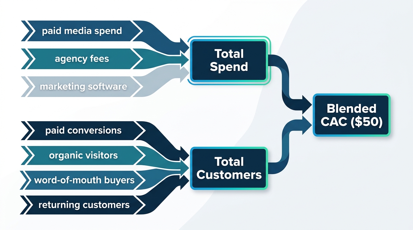 A flow diagram showing two inputs entering a single ratio. On top, paid media spend, agency fees, and marketing software feed into a Total Spend box. On the bottom, paid conversions, organic visitors, word-of-mouth buyers, and returning customers feed into a Total Customers box. Both boxes point to an output labeled Blended CAC ($50), showing how mixed sources merge into one average.