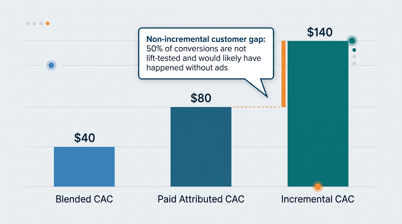A comparison bar chart showing the same acquisition campaign evaluated under three metrics: Blended CAC at $40, Paid Attributed CAC at $80, and Incremental CAC at $140. Callout text highlights the non-incremental customer gap between attributed and lift-tested results.