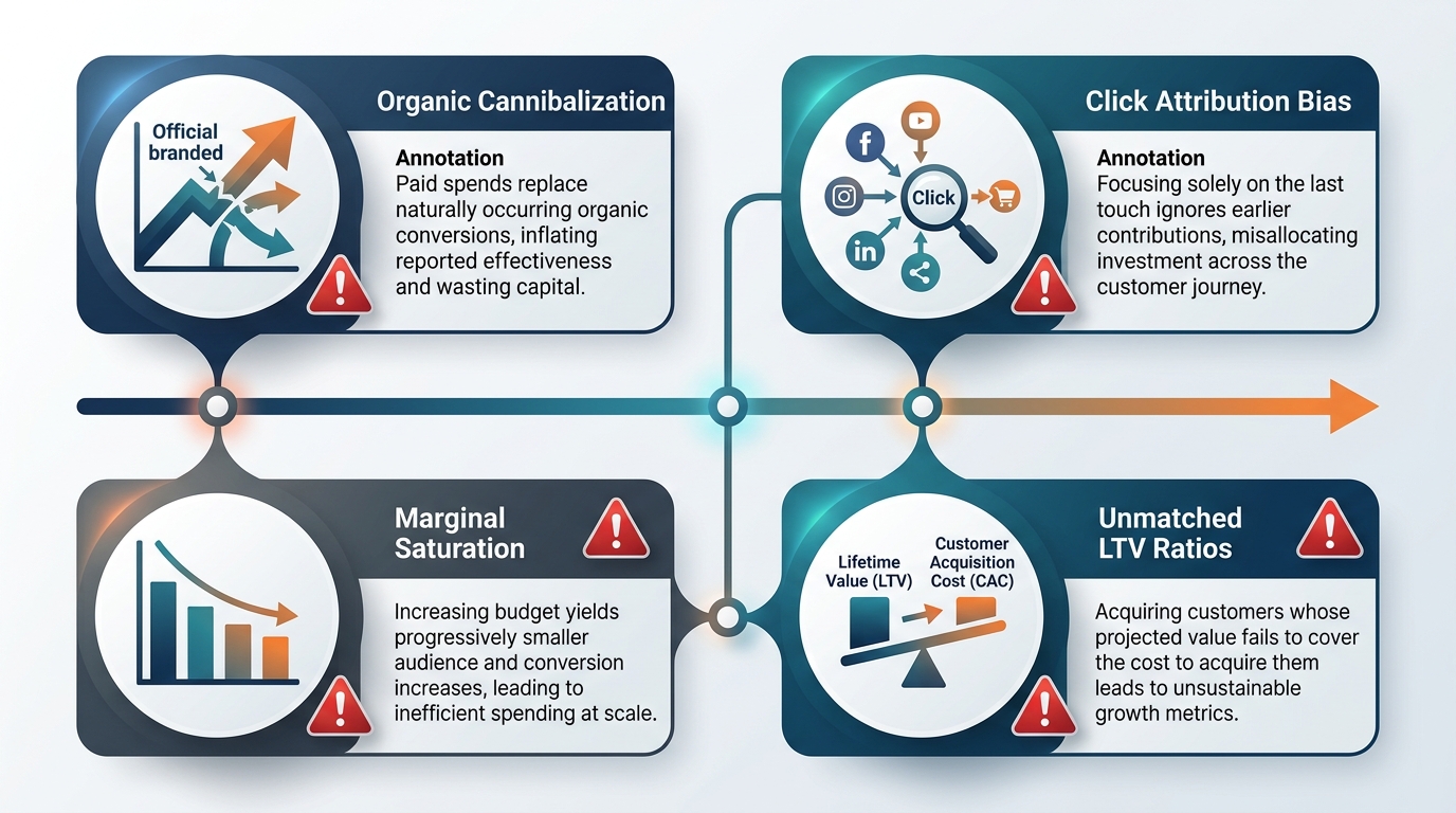An infographic mapping the four distortions: Organic Cannibalization, Click Attribution Bias, Marginal Saturation, and Unmatched LTV Ratios. Warning icons and concise annotation boxes explain how each factor degrades capital efficiency.