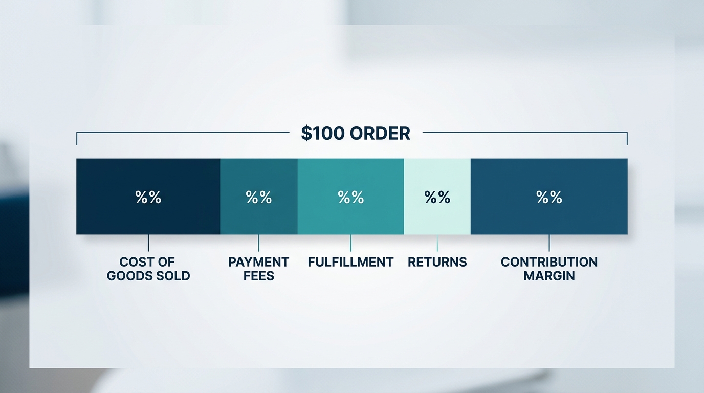 A horizontal bar chart showing a $100 order broken into cost of goods sold, payment fees, fulfillment, and returns, with contribution margin as the remaining bar segment, labeled with generic percentage placeholders and no brand names