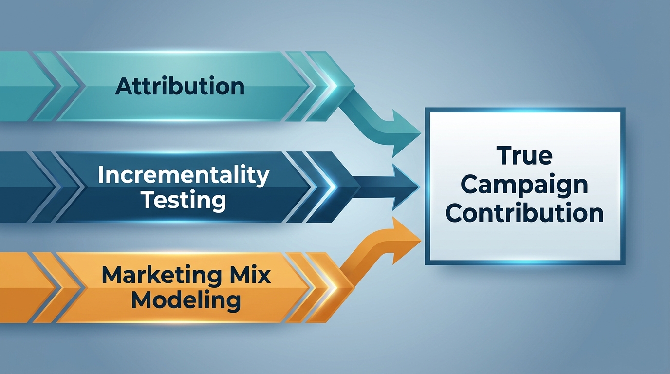 A simple diagram showing three parallel evidence paths labeled Attribution, Incrementality Testing, and Marketing Mix Modeling, each pointing toward a shared box labeled True Campaign Contribution, with no numbers or brand names