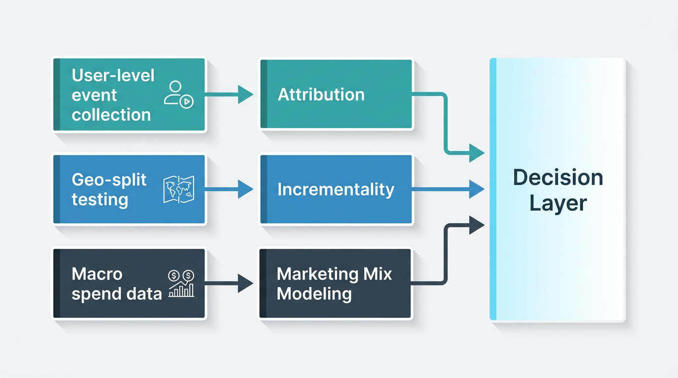 A horizontal comparison flow diagram showing three parallel measurement inputs: User-level event collection fed into Attribution, Geo-split testing fed into Incrementality, and Macro spend data fed into Marketing Mix Modeling, converging into a central decision layer.