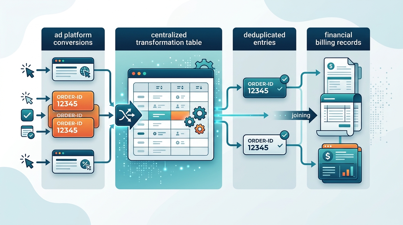 A swim-lane workflow showing ad platform conversions arriving with overlapping order IDs, entering a centralized transformation table, and resolving into single deduplicated entries joined to financial billing records.