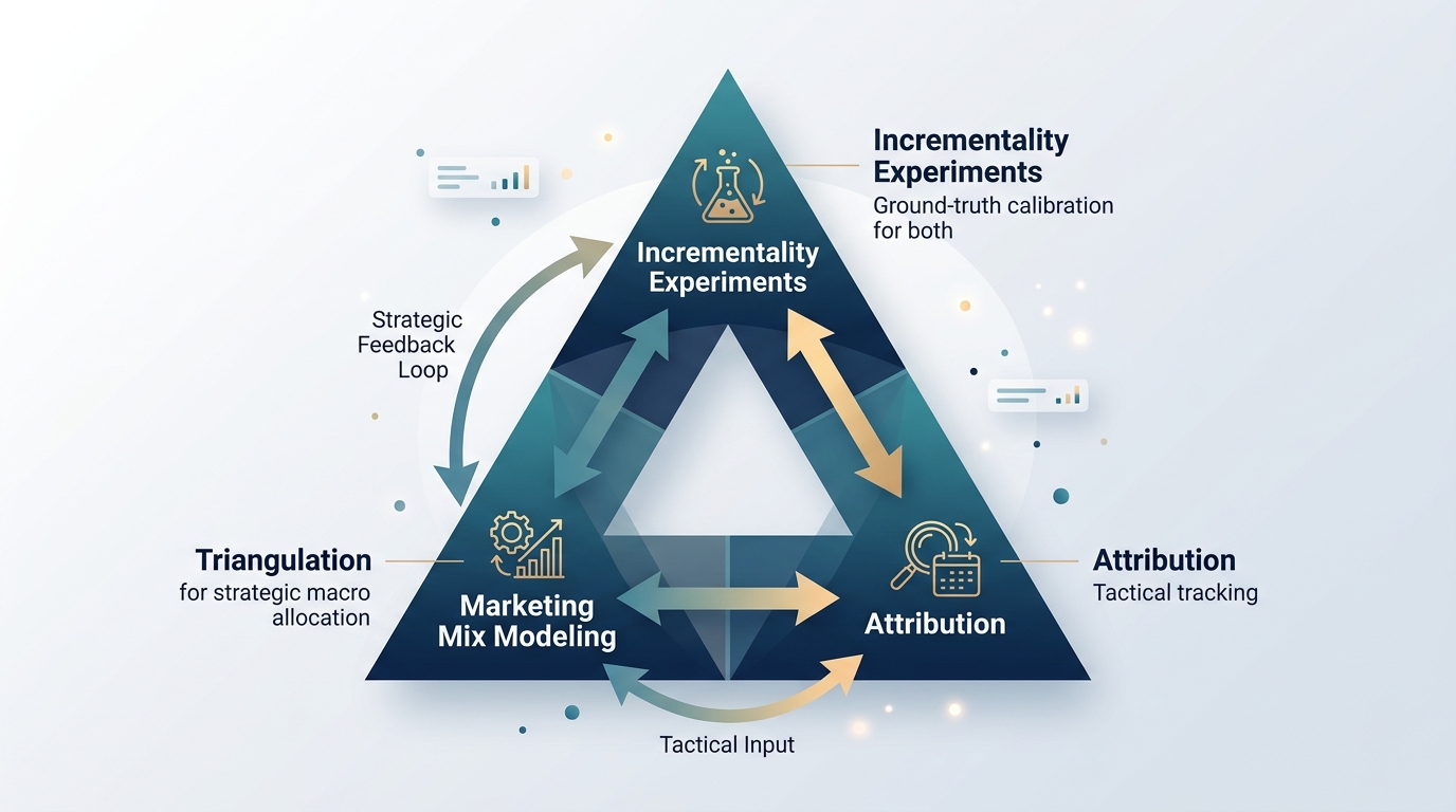 A balanced triangle diagram illustrating Triangulation: Attribution at the bottom-right for tactical tracking, Marketing Mix Modeling at the bottom-left for strategic macro allocation, and Incrementality Experiments at the top apex serving as ground-truth calibration for both.