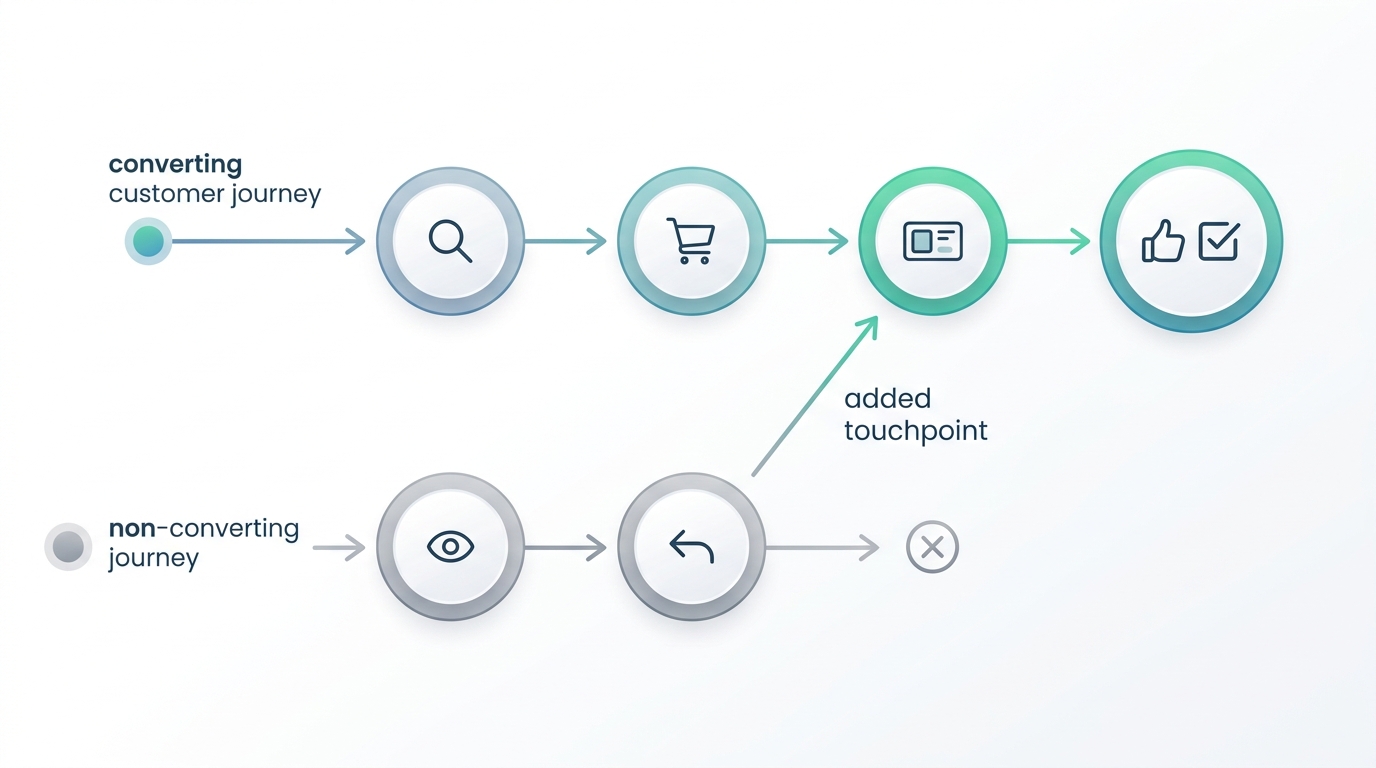 A simple flow diagram showing two customer paths side by side, one with three touchpoints ending in a purchase and one with two touchpoints ending in no purchase, with an arrow labeled "added touchpoint" pointing to the extra step in the converting path