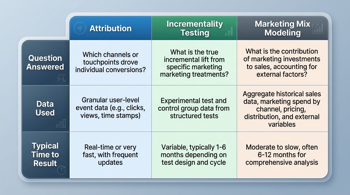 A comparison chart with three columns labeled "Attribution," "Incrementality Testing," and "Marketing Mix Modeling," each row showing the question answered, the data used, and the typical time to result