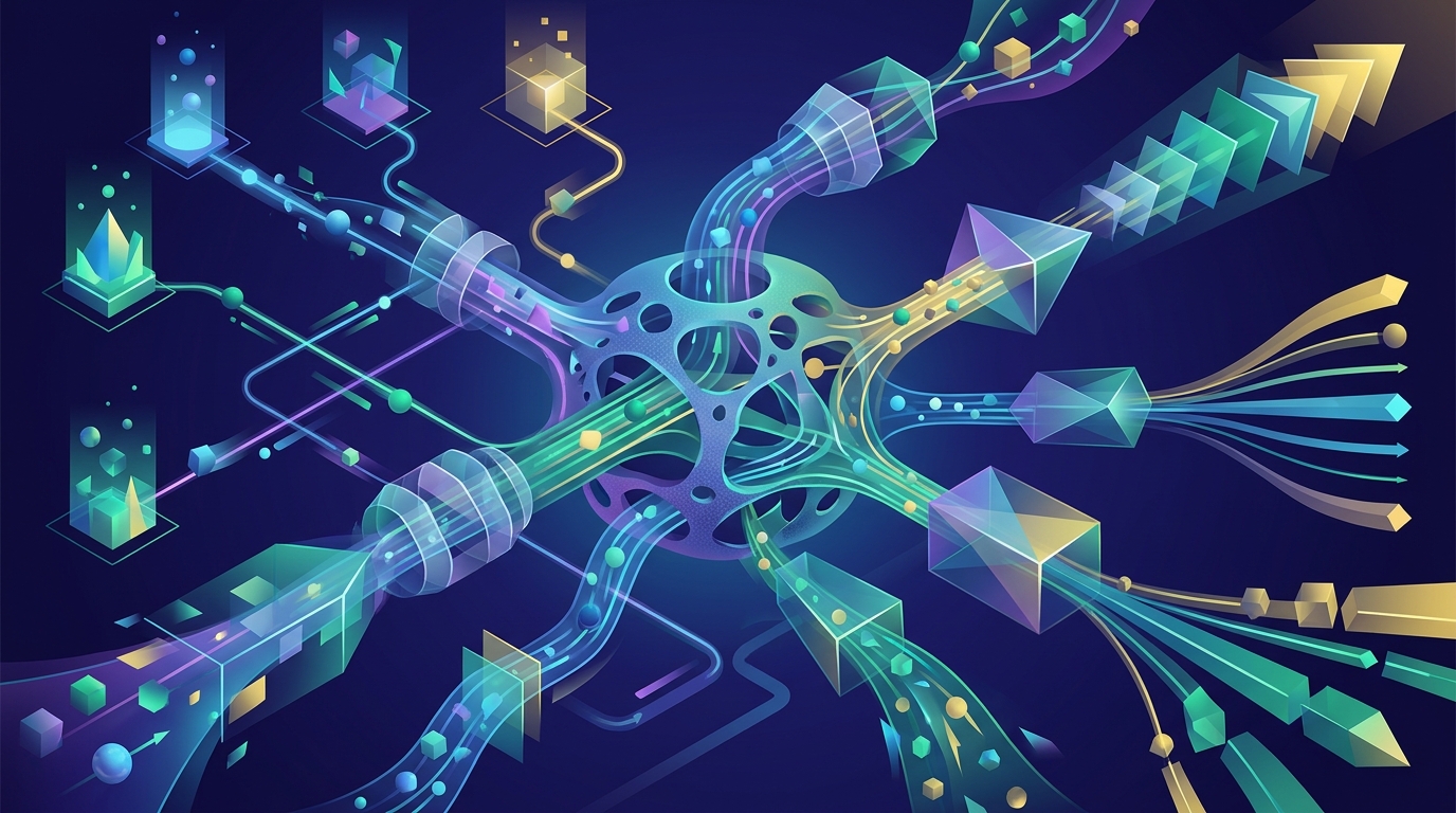 A text-free conceptual business visual about Data requirements in the context of data driven attribution, using abstract shapes and objects with no title, labels, words, numbers, logos, or fabricated data