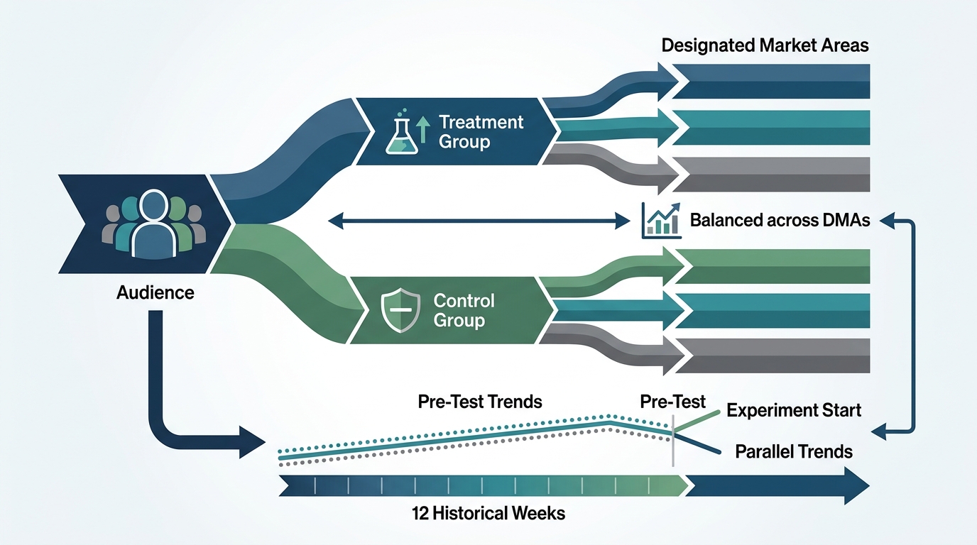 A flow diagram showing an audience split into balanced treatment and control groups across designated market areas, with pre-test parallel trends confirmed over twelve historical weeks.