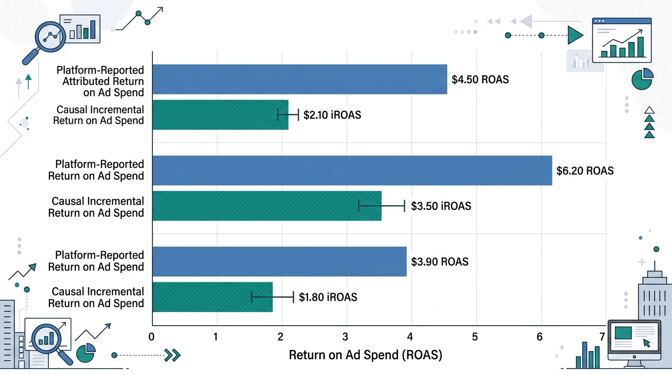 A clean horizontal bar chart contrasting platform-reported attributed return on ad spend against causal incremental return on ad spend, including ninety-five percent confidence interval error bars.