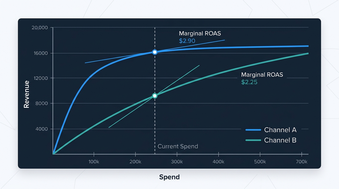 A line chart showing two advertising response curves labeled Channel A and Channel B. Channel A's curve rises steeply then flattens early, showing saturation. Channel B's curve rises more gradually and has not yet flattened. A tangent line is drawn at the current spend point on each curve, with the slope of each tangent labeled as marginal ROAS.