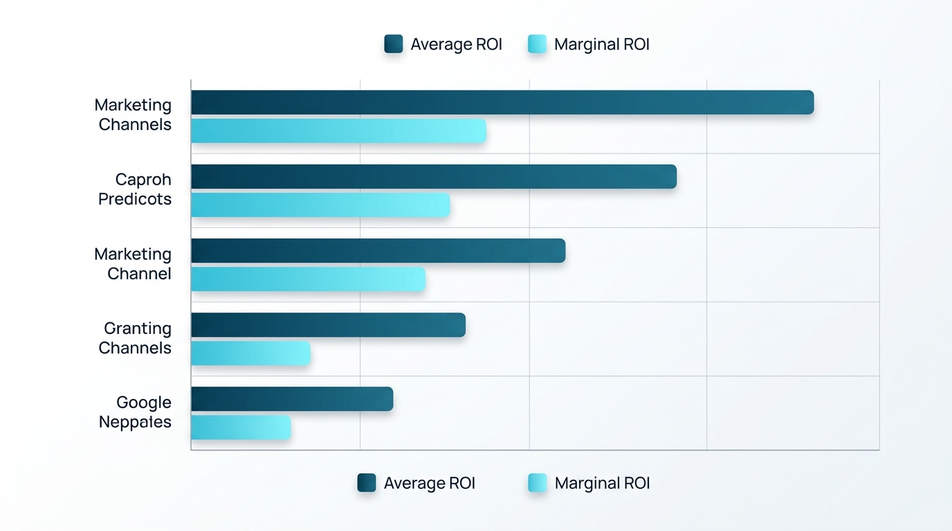 A horizontal bar chart comparing five marketing channels, showing two bars per channel: one for average ROI and one for marginal ROI. Channels are ordered by marginal ROI from highest to lowest, with a visible gap between the two bar values for saturated channels.