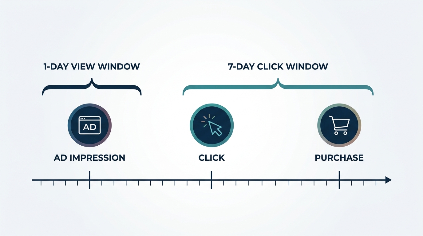 A horizontal timeline diagram showing a single ad impression, a later click, and a purchase five days after the click. Two bracket ranges above the timeline mark a 1-day view window and a 7-day click window, showing which events each window would and would not capture.