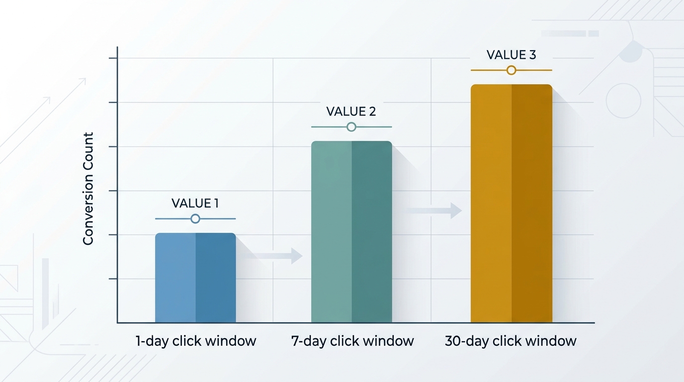 A simple bar chart comparing three bars labeled 1-day click window, 7-day click window, and 30-day click window, each showing a different conversion count for the same campaign and time period, to illustrate how the reported total changes with the window setting.