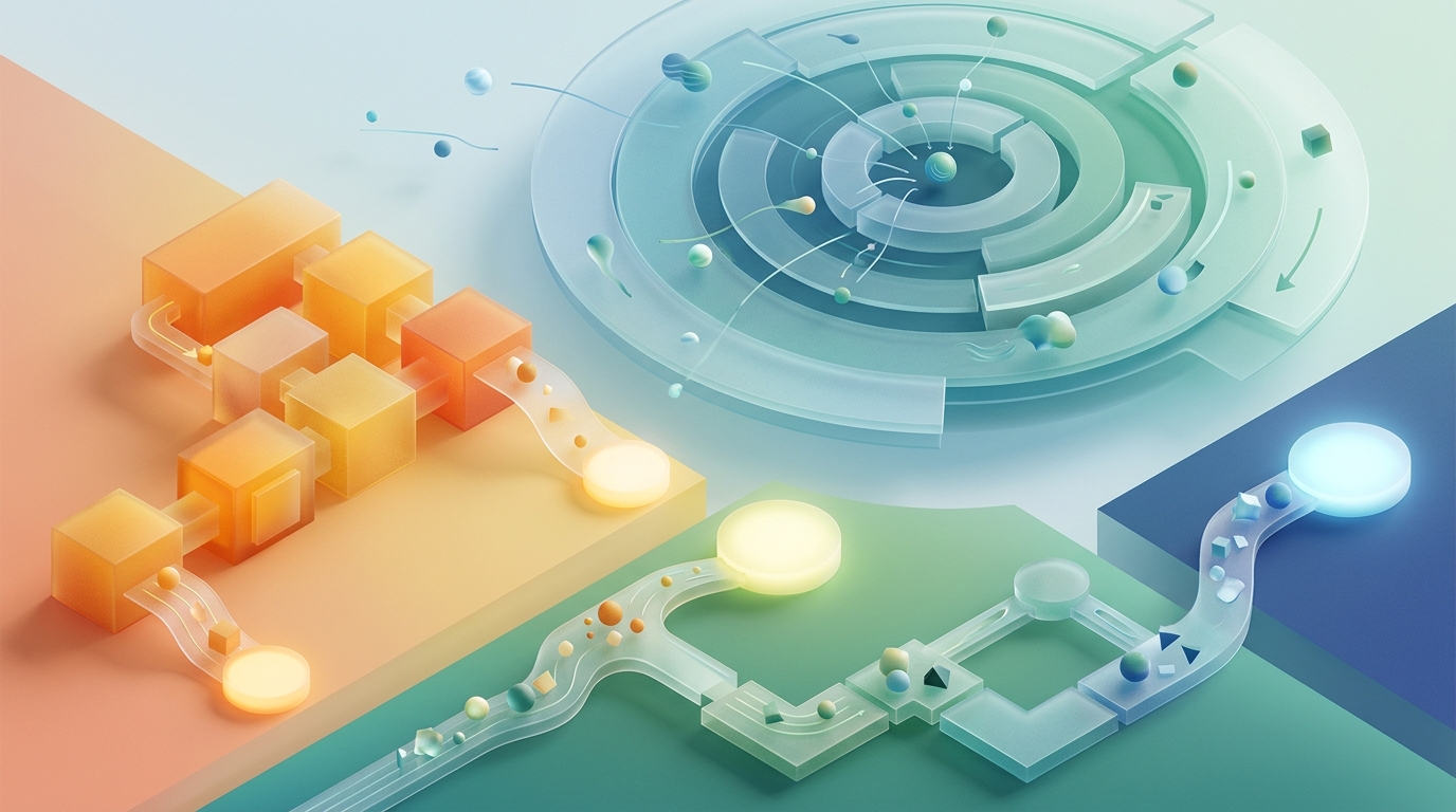 A text-free conceptual business visual about Platform differences in the context of attribution window, using abstract shapes and objects with no title, labels, words, numbers, logos, or fabricated data