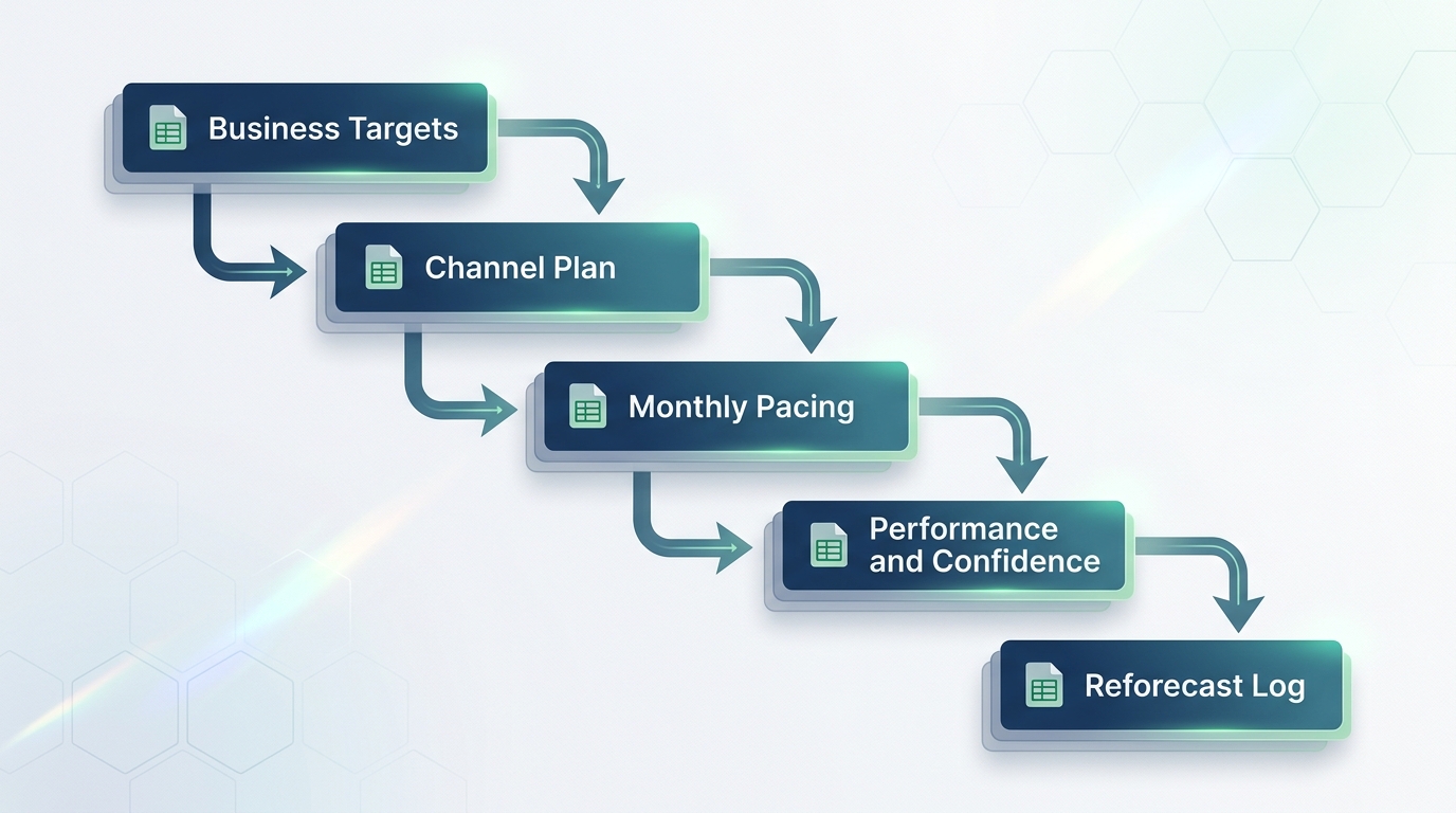 A workbook diagram showing five connected spreadsheet tabs labeled Business Targets, Channel Plan, Monthly Pacing, Performance and Confidence, and Reforecast Log, with arrows showing data flow from targets down to the reforecast log