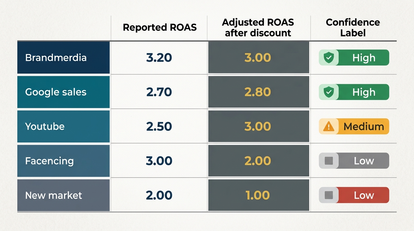 A table-style chart showing five marketing channels in rows, with columns for reported ROAS, adjusted ROAS after discount, and a confidence label of High, Medium, or Low for each channel