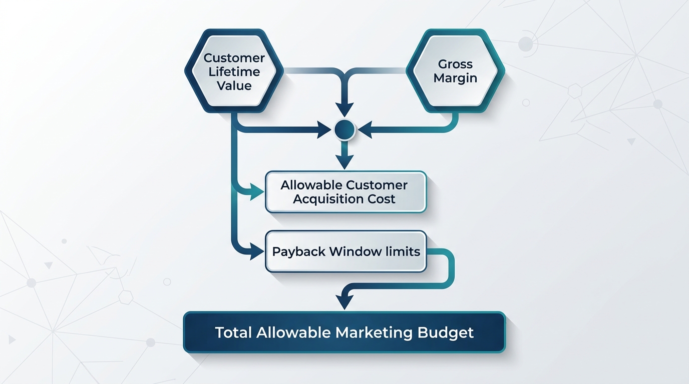 A flowchart showing how corporate finance metrics feed marketing budget limits. The diagram begins with Customer Lifetime Value and Gross Margin, flows into Allowable Customer Acquisition Cost and Payback Window limits, and ends in the Total Allowable Marketing Budget.
