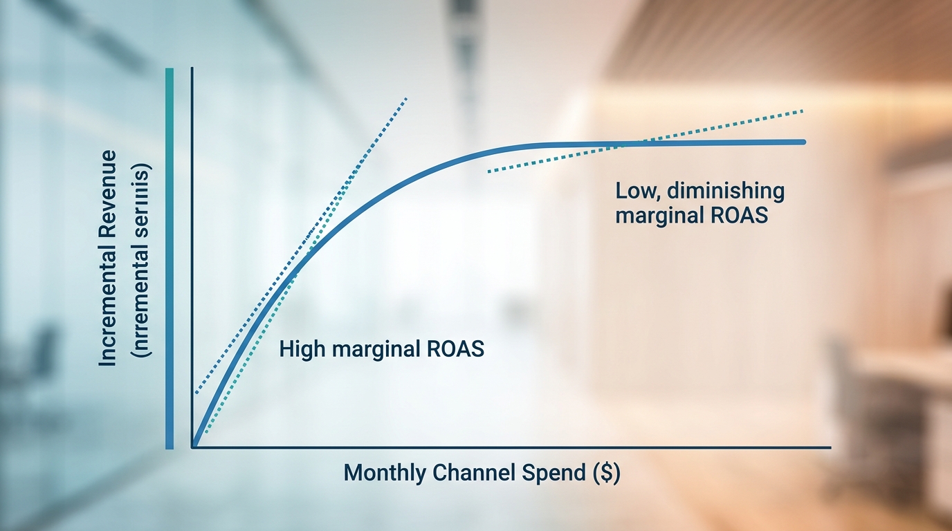 A line graph displaying a classic Hill saturation curve. The horizontal axis represents Monthly Channel Spend in dollars, and the vertical axis represents Incremental Revenue. A dotted tangent line illustrates diminishing marginal ROAS at high spend levels, comparing it to steep marginal ROAS at early spend levels.