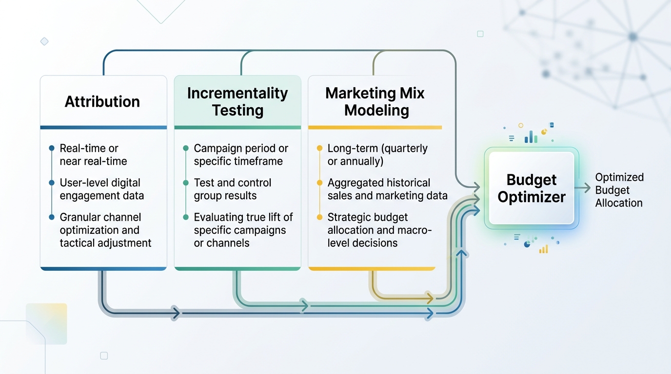 A diagram showing three parallel evidence tracks labeled Attribution, Incrementality Testing, and Marketing Mix Modeling, each with a description of its time scale, data source, and typical use in budget decisions, feeding into a single box labeled Budget Optimizer.