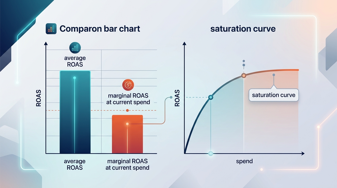 A side-by-side bar chart illustration comparing a channel's average ROAS against its marginal ROAS at current spend, with a labeled saturation curve showing where the marginal line flattens as spend increases.