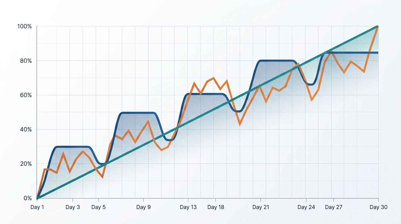 A line chart comparing three pacing curves over a 30-day month: a straight diagonal line for straight-line pacing, a stepped curve with weekday peaks and weekend dips for weighted pacing, and a jagged line showing actual daily spend crossing above and below both plans.