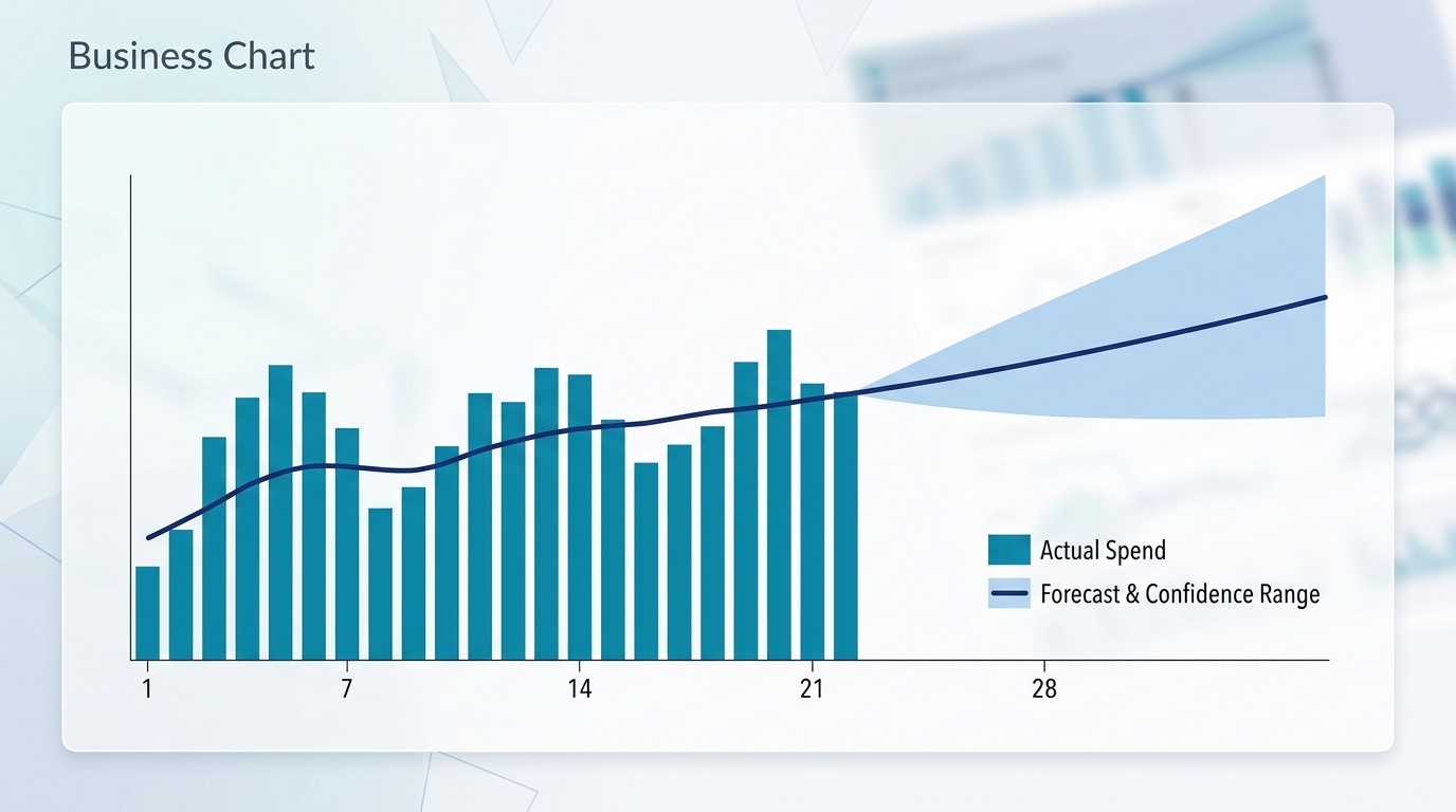 A bar and line combination chart showing daily actual spend as bars against a smooth forecast line projecting to month-end, with a shaded confidence band around the projected total that widens toward the end of the month.