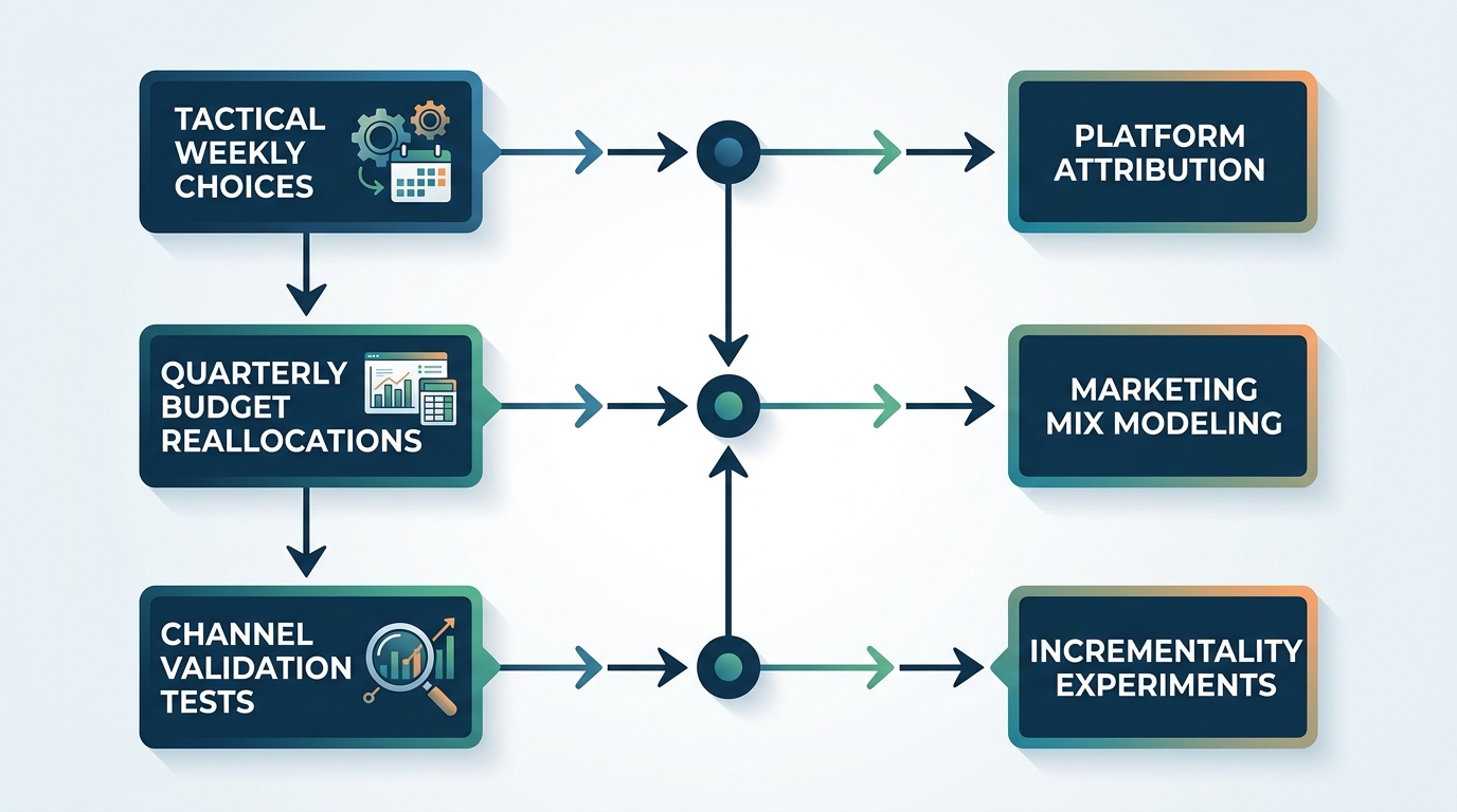 A decision-matrix flowchart that shows three decision tracks: tactical weekly choices that route to platform attribution, quarterly budget reallocations that route to marketing mix modeling, and channel validation tests that route to incrementality experiments.