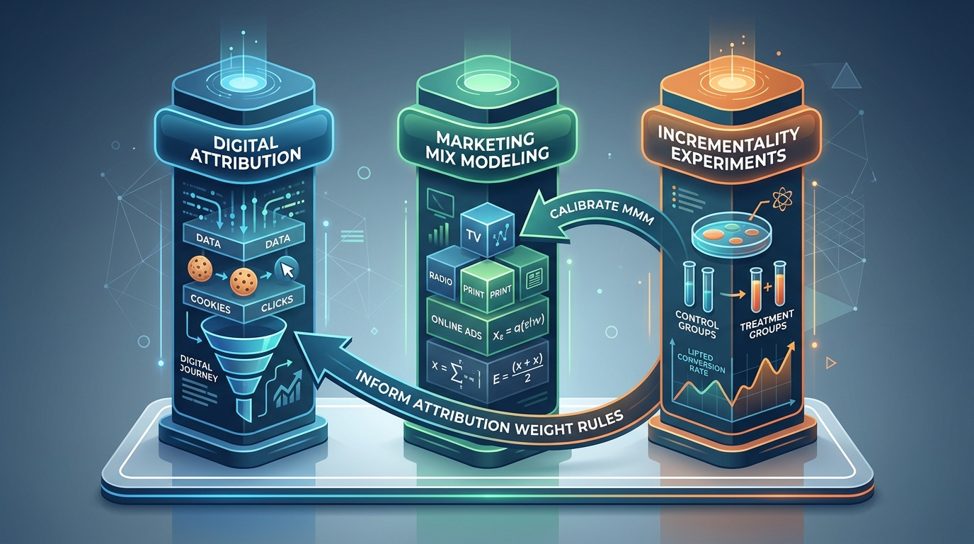 A three-pillar diagram that displays Digital Attribution, Marketing Mix Modeling, and Incrementality Experiments, with directional arrows showing how incrementality experiments calibrate the MMM and inform attribution weight rules.