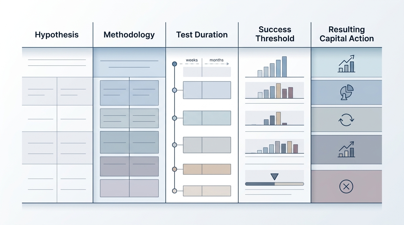 A structured learning-agenda table layout showing columns for Hypothesis, Methodology, Test Duration, Success Threshold, and Resulting Capital Action.