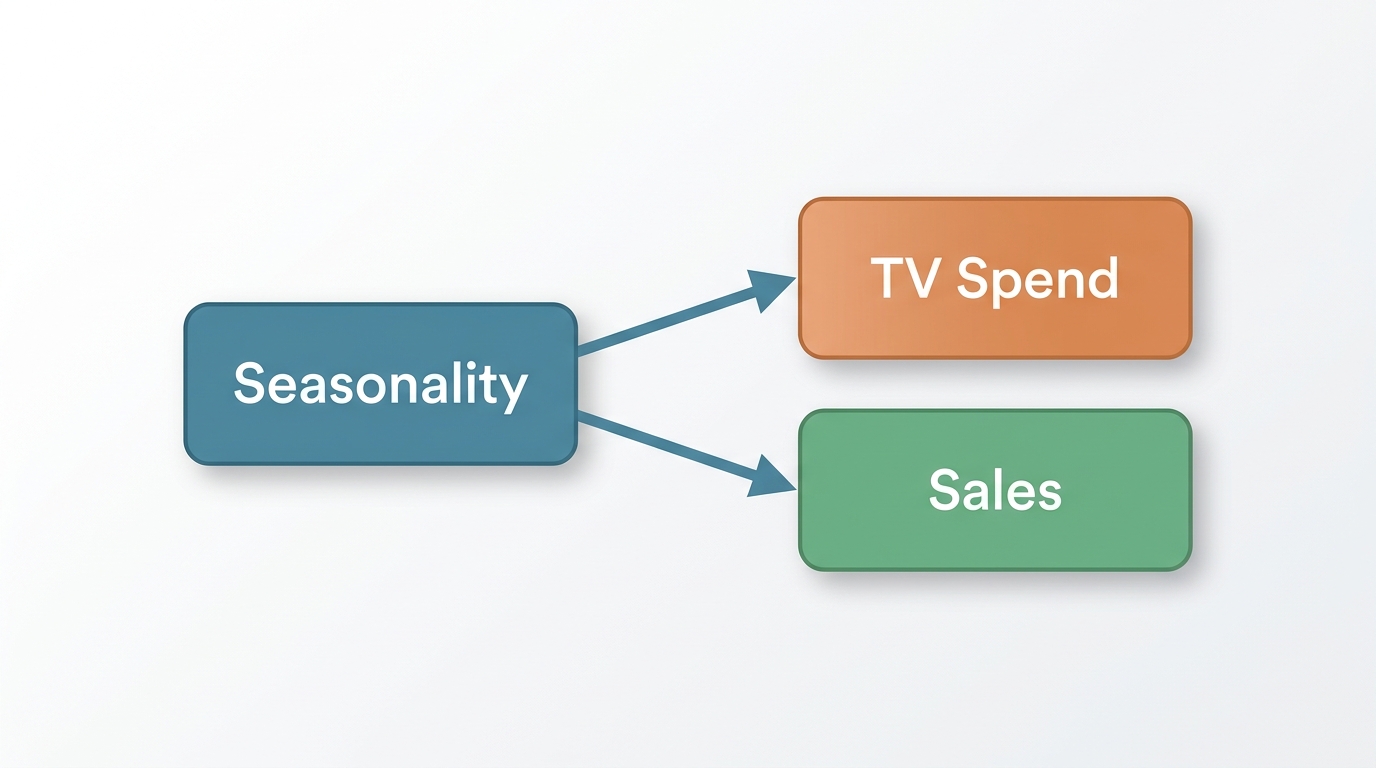 A simple causal diagram showing three boxes labeled "Seasonality," "TV Spend," and "Sales," with arrows from Seasonality to both TV Spend and Sales, illustrating how a confounder creates a false link between media and outcome