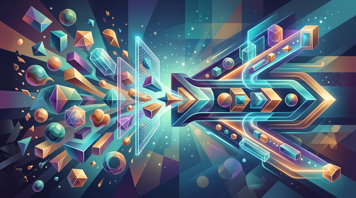 A text-free conceptual business visual about Selection criteria in the context of marketing mix modeling control variables, using abstract shapes and objects with no title, labels, words, numbers, logos, or fabricated data