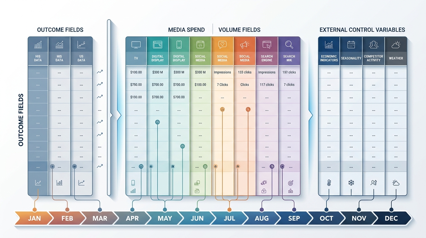 A clean diagram showing the tabular schema of a marketing mix modeling dataset. The diagram highlights three column groupings: outcome fields on the left, media spend and volume fields in the center, and external control variables on the right, all organized across a chronological time axis.
