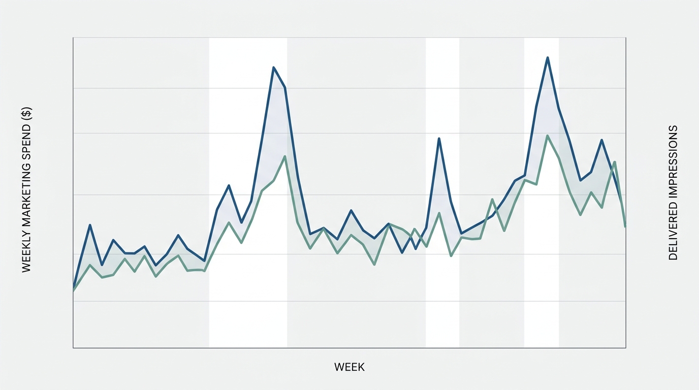 A dual-axis time-series plot comparing weekly marketing spend in dollars against delivered impressions across two years. The chart shows how media unit costs peak during high-demand promotional periods, illustrating the divergence between cost and exposure.