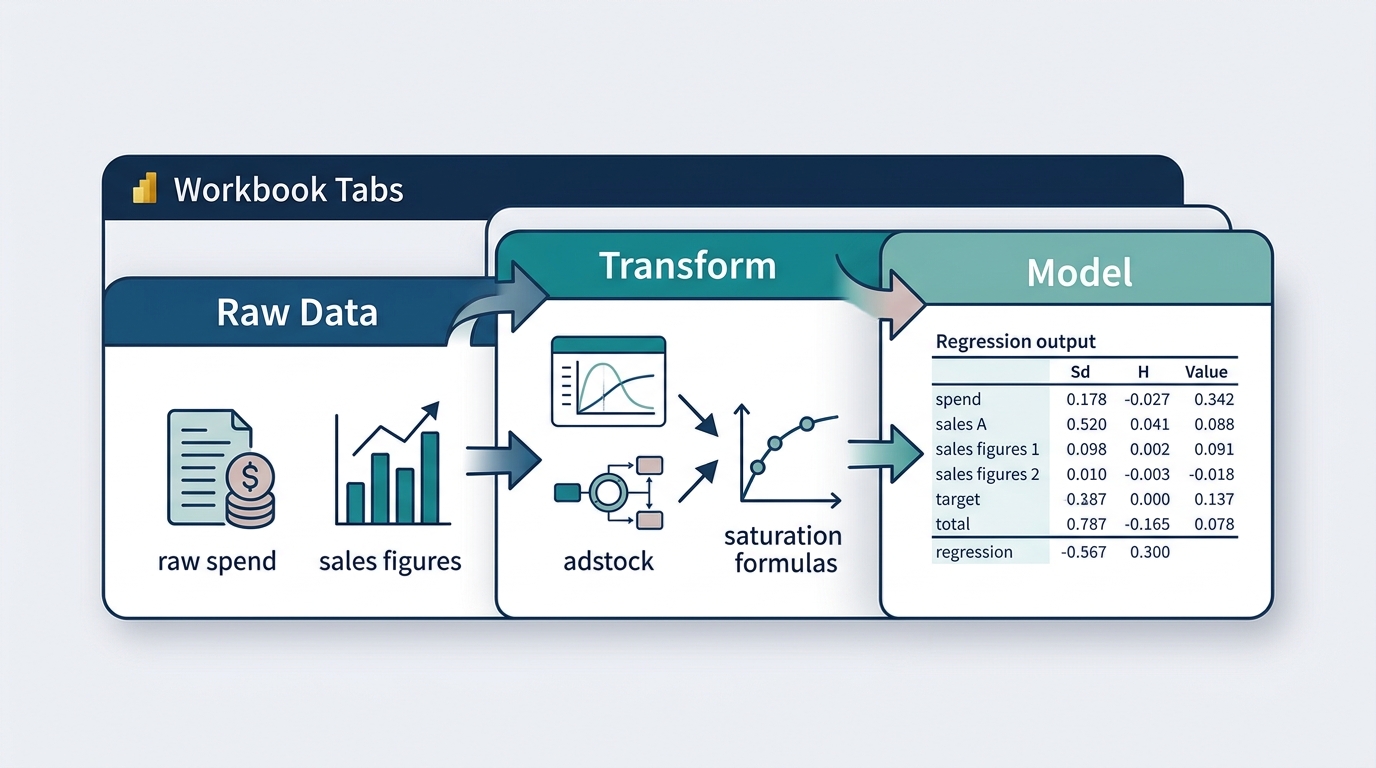 A simple diagram showing three stacked workbook tabs labeled Raw Data, Transform, and Model, with arrows indicating data flow from raw spend and sales figures through adstock and saturation formulas into a regression output table