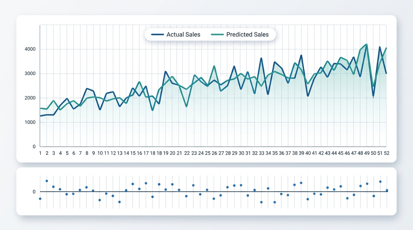 A line chart with two overlapping series across 52 weekly time points, one labeled Actual Sales and one labeled Predicted Sales, with a secondary small panel below showing residual values scattered around a zero line