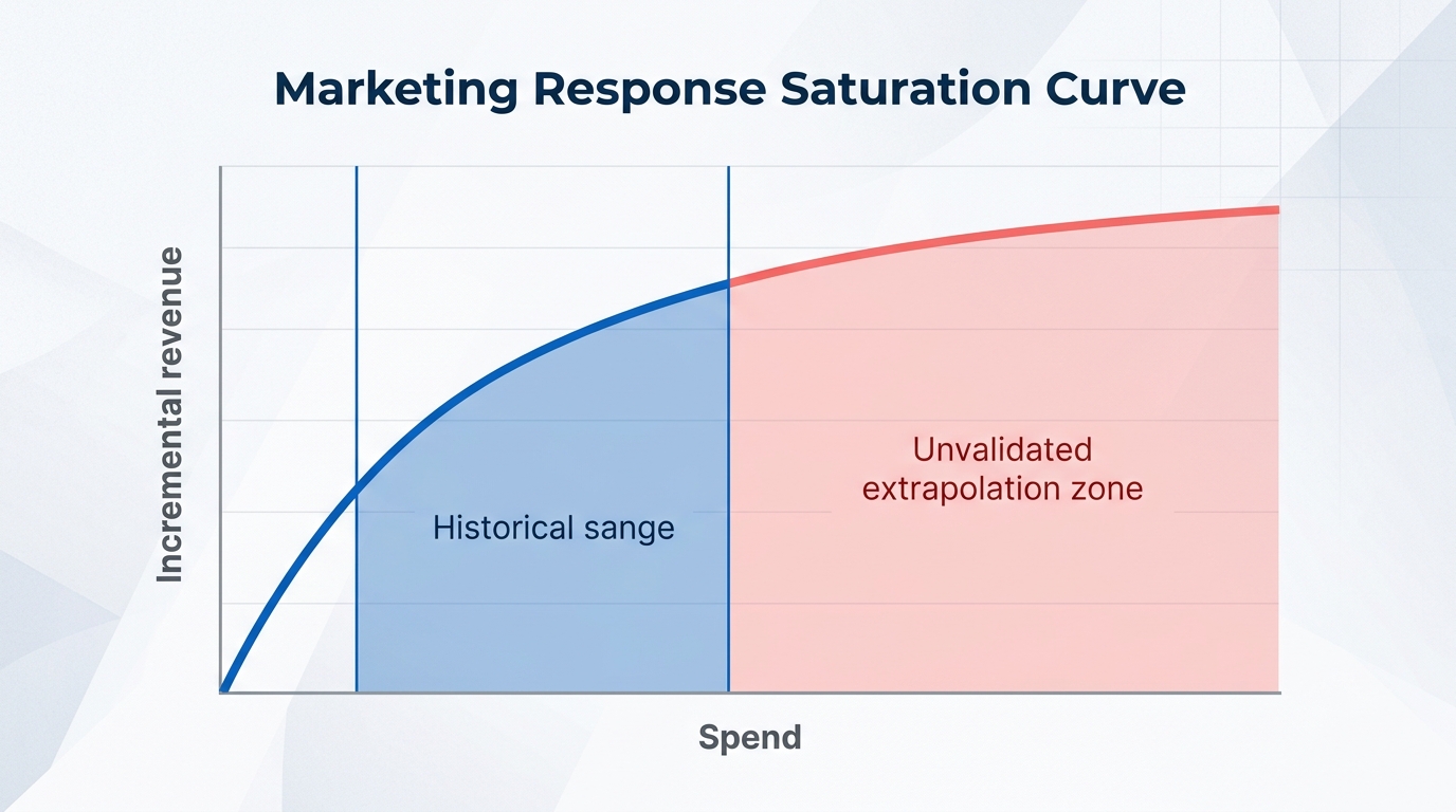 A line graph showing a marketing response saturation curve with spend on the horizontal axis and incremental revenue on the vertical axis, featuring a clearly marked historical spend range in blue and an unvalidated extrapolation zone shaded in light red.