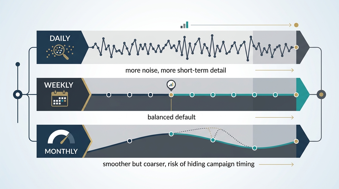 A horizontal timeline diagram comparing three time grains—daily, weekly, and monthly—each labeled with its main tradeoff: daily labeled "more noise, more short-term detail," weekly labeled "balanced default," monthly labeled "smoother but coarser, risk of hiding campaign timing"