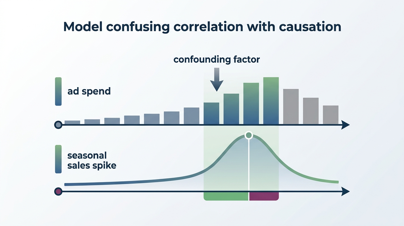A simple diagram showing two overlapping timelines, one for ad spend and one for a seasonal sales spike, with an arrow labeled "confounding factor" pointing to the overlap, illustrating how a model can mistake a coincidence for a causal effect