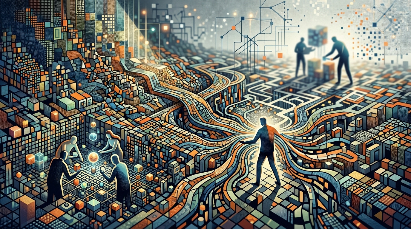 A text-free conceptual business visual about Data and granularity in the context of marketing mix modeling limitations, using abstract shapes and objects with no title, labels, words, numbers, logos, or fabricated data