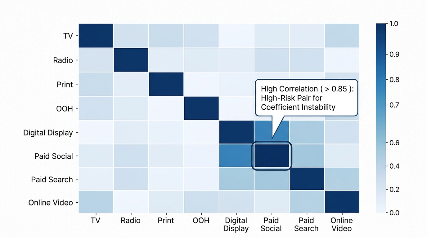 A correlation matrix heatmap showing eight media channels along both axes, with darker cells indicating higher correlation between channel spend series. A callout box highlights two channels with a correlation above 0.85 as a high-risk pair for coefficient instability.