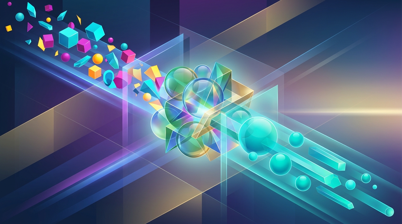A text-free conceptual business visual about Media transformations in the context of marketing mix modeling regression, using abstract shapes and objects with no title, labels, words, numbers, logos, or fabricated data