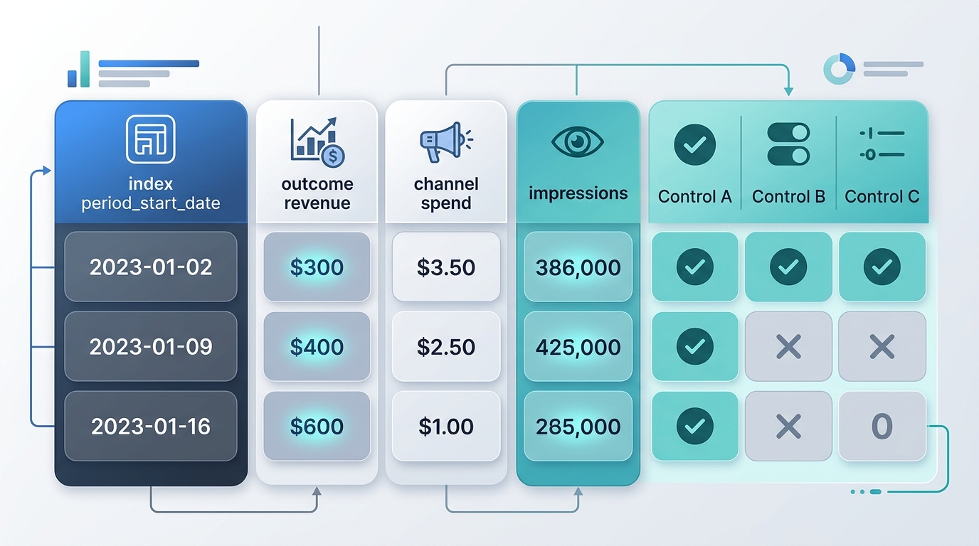 A clean, tabular schema diagram illustrating a flat weekly time-series dataset, showing period_start_date as the key index alongside separate columns for outcome revenue, channel spend, impressions, and binary control indicators.