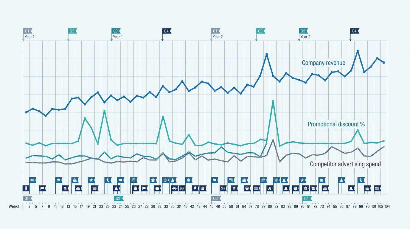 A multi-line time-series chart showing weekly company revenue aligned with promotional discount percentages, seasonal holiday flags, and competitor advertising spend across 104 weeks.