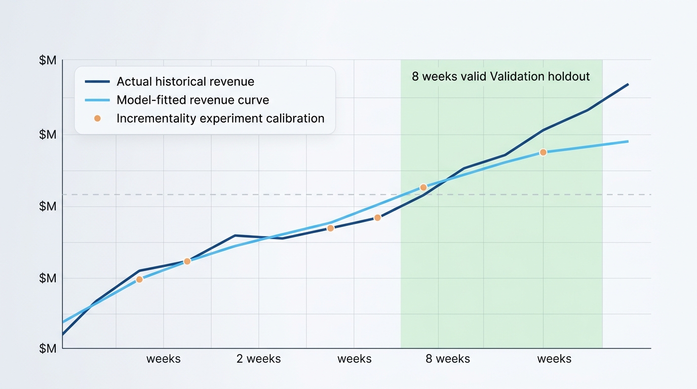 A diagnostic plot comparing model-fitted revenue curves against actual historical revenue, highlighting an eight-week validation holdout period and incrementality experiment calibration markers.