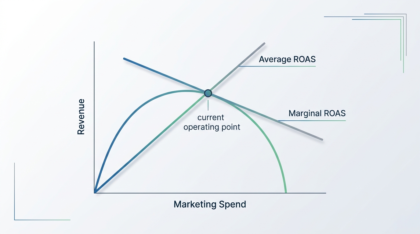 A diagram comparing average ROAS and marginal ROAS on a concave response curve. A secant line from the origin to the current operating point illustrates average ROAS. A tangent line touching the current operating point illustrates marginal ROAS. The tangent line has a visibly flatter slope than the secant line.