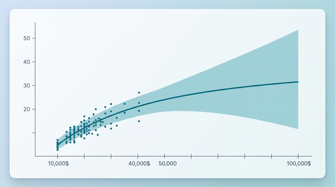 A Bayesian response curve chart displaying historical spend observations as points along the lower curve. A solid central line shows the median incremental response. A shaded ribbon around the line shows the 90 percent credible interval. The ribbon is narrow within historical spend levels between 10,000 and 40,000 dollars, but widens into a broad cone at unobserved levels between 50,000 and 100,000 dollars.