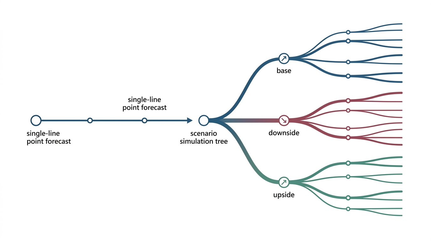A flow diagram that compares a single-line point forecast to a scenario simulation tree with base, downside, and upside branches