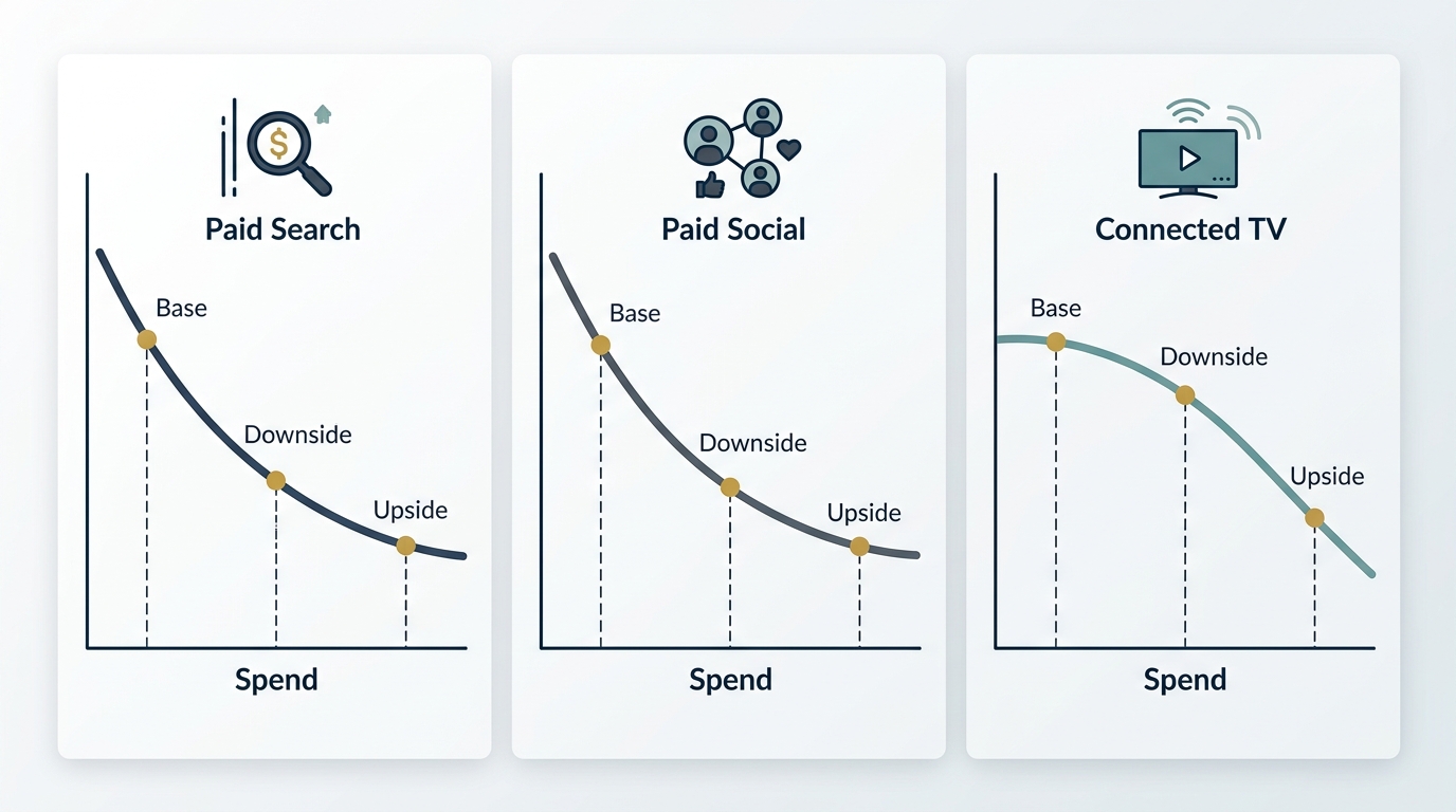 A three-panel line graph showing diminishing return response curves for Paid Search, Paid Social, and Connected TV, marking the base, downside, and upside spend points on each curve